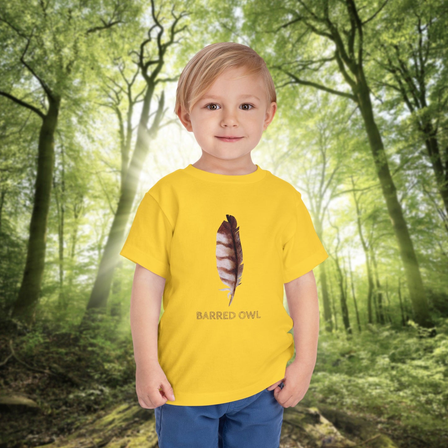 Toddler Tee with Owl Feather Design, Personalizable Text, Unisex Cotton Woodland T-Shirt