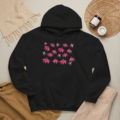 Pink Coneflower and Bees Hoodie | Floral Nature Pattern