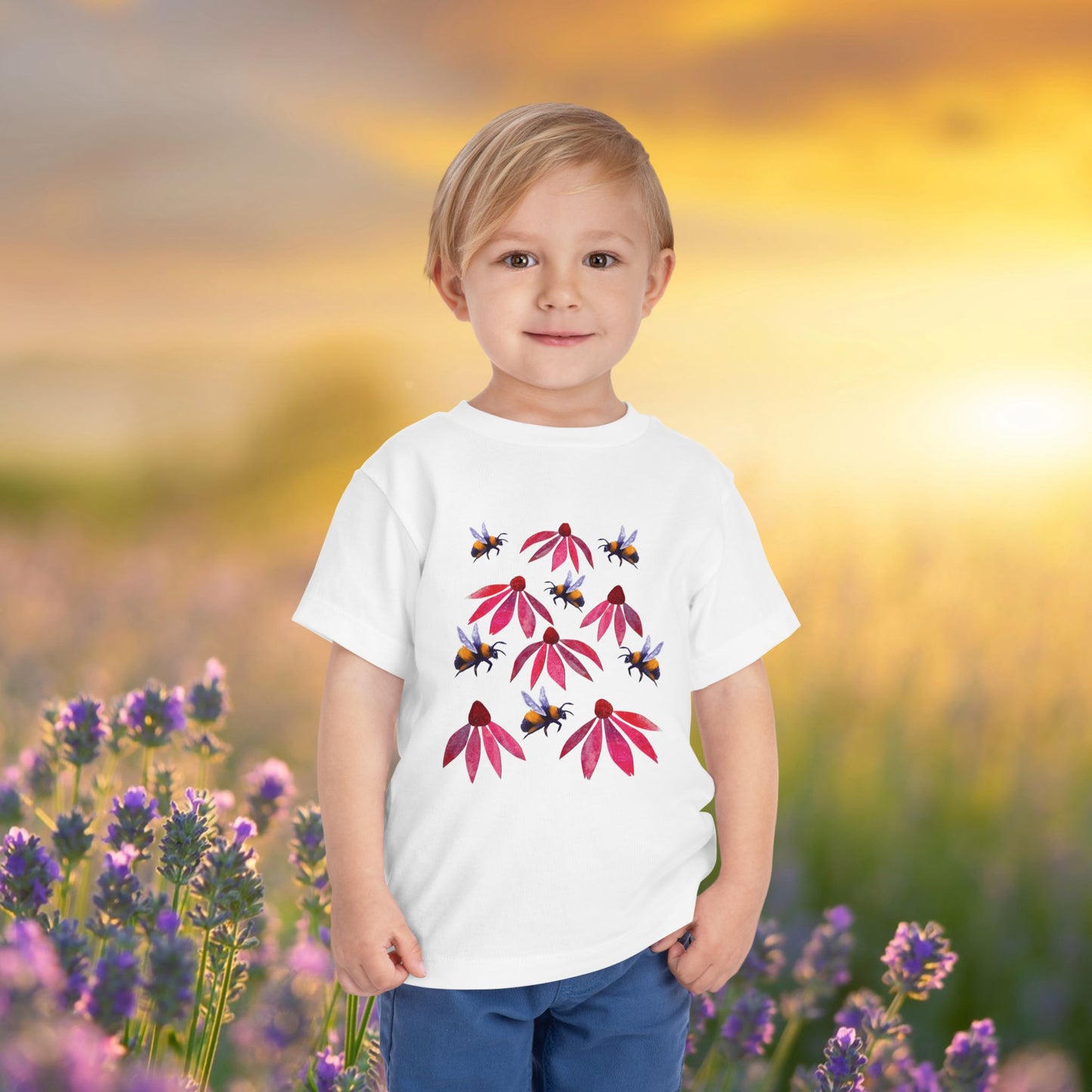 Toddler Tee — Bumblebees & Pink Coneflowers Hand Made Design
