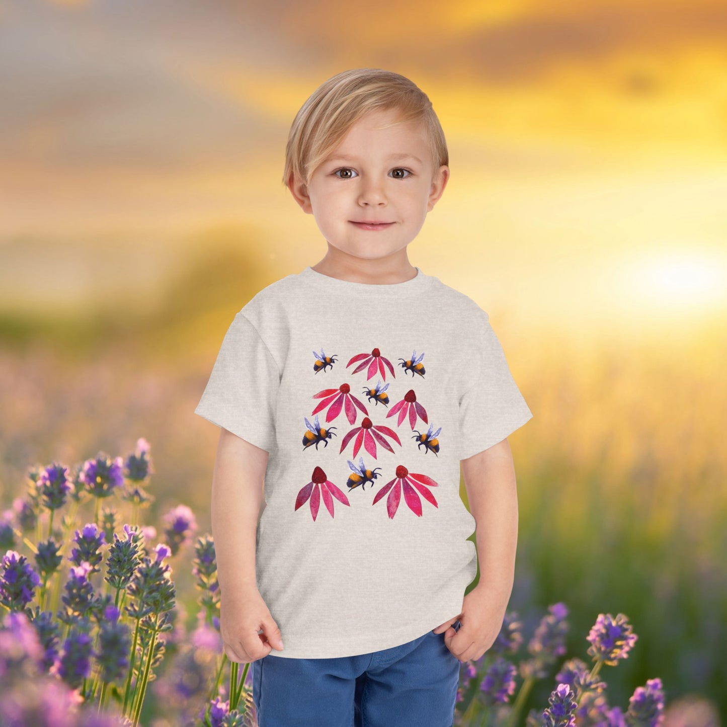 Toddler Tee — Bumblebees & Pink Coneflowers Hand Made Design