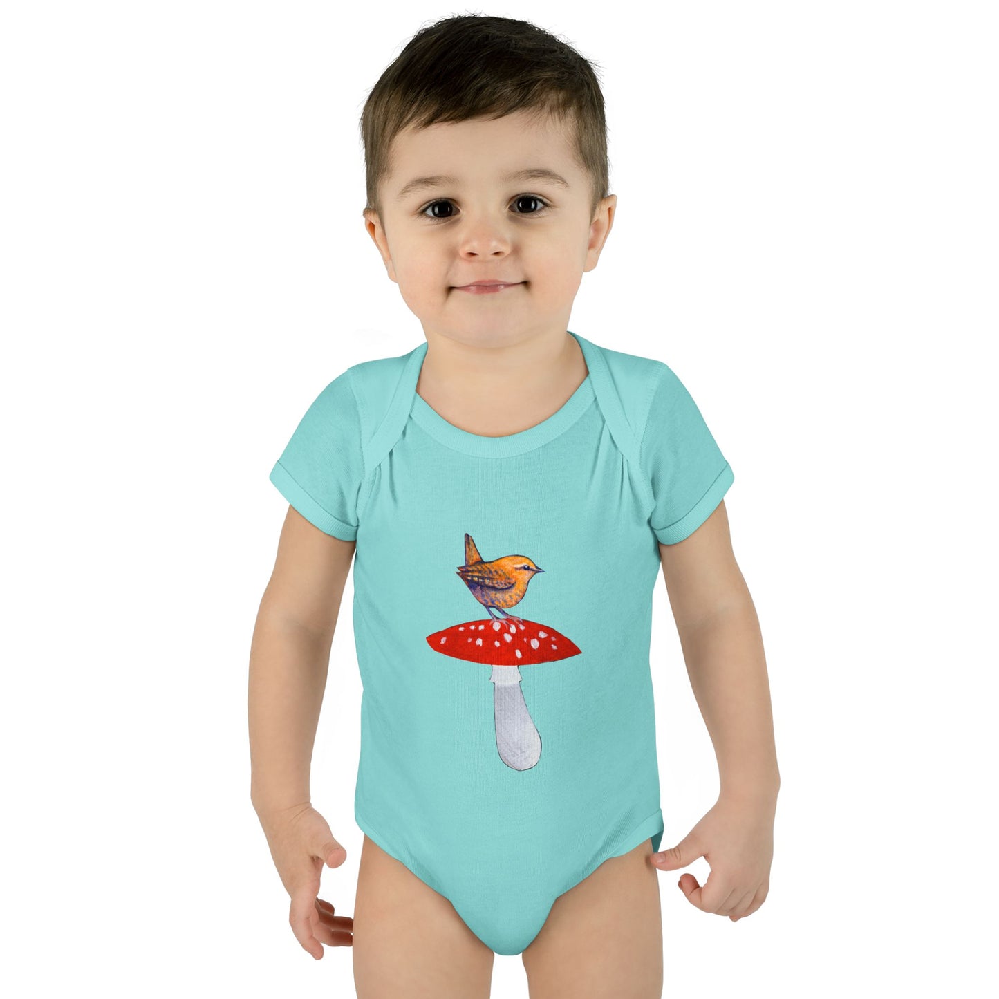 Bird on Red Toadstool Infant Bodysuit | Woodland Mushroom Baby