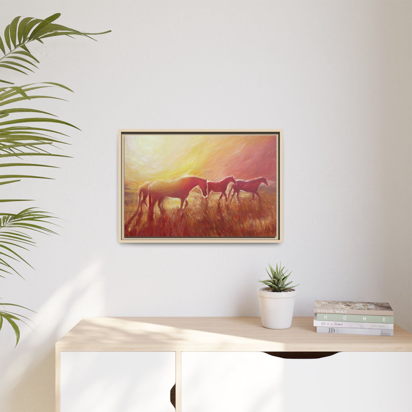 Sunset Meadow Horses Matte Canvas Framed Wall Art