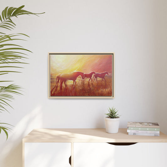 Sunset Meadow Horses Matte Canvas Framed Wall Art