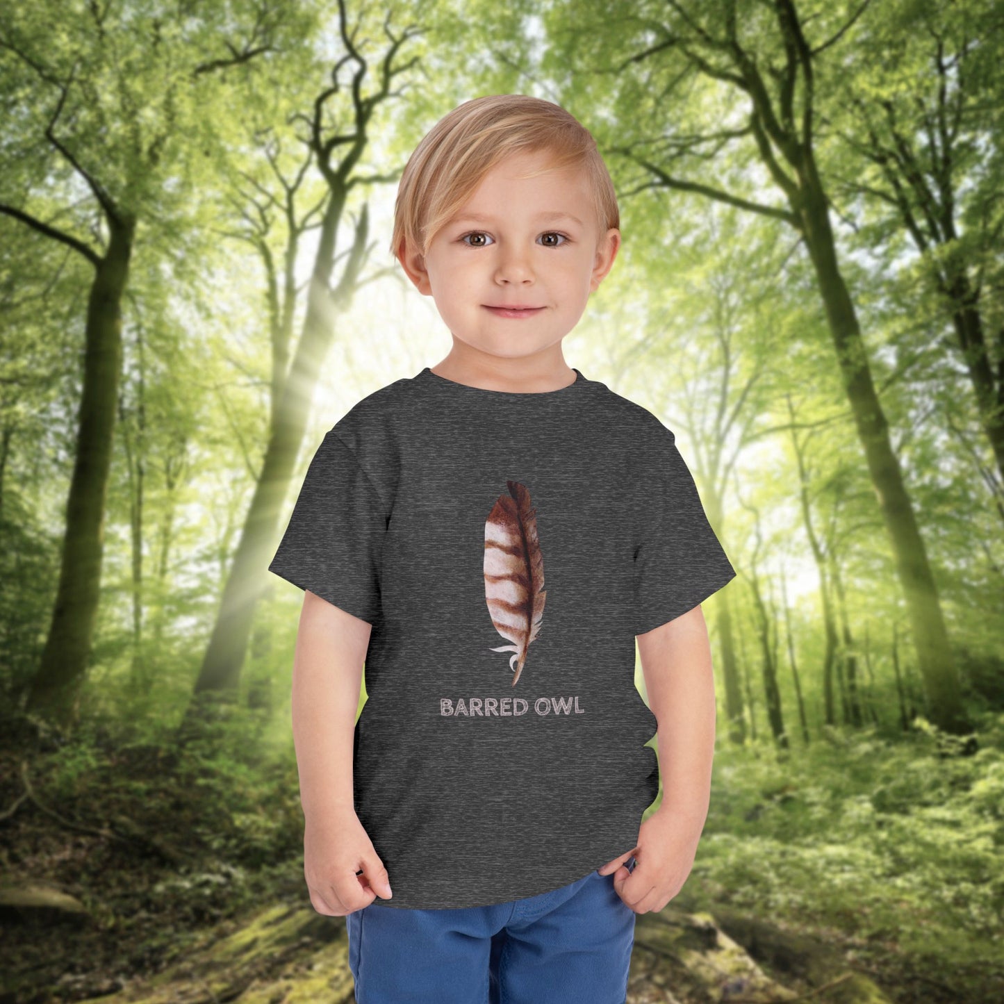 Toddler Tee with Owl Feather Design, Personalizable Text, Unisex Cotton Woodland T-Shirt
