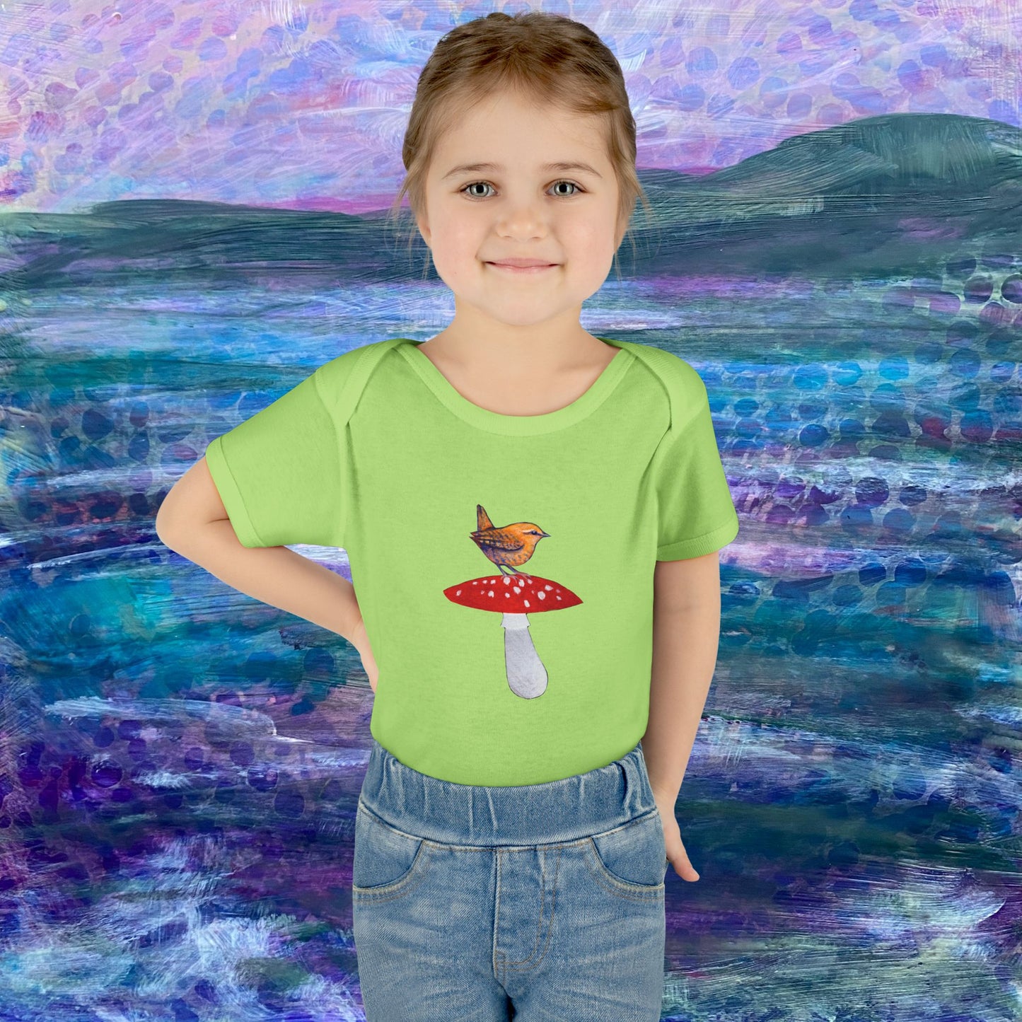 Bird on Red Mushroom Infant Bodysuit | Woodland Baby