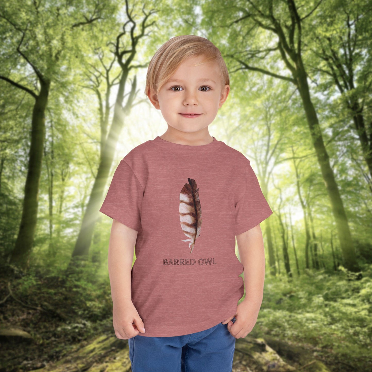 Toddler Tee with Owl Feather Design, Personalizable Text, Unisex Cotton Woodland T-Shirt