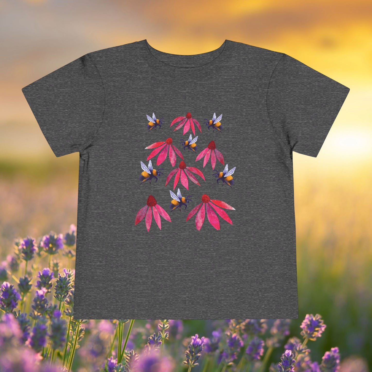 Toddler Tee — Bumblebees & Pink Coneflowers Hand Made Design