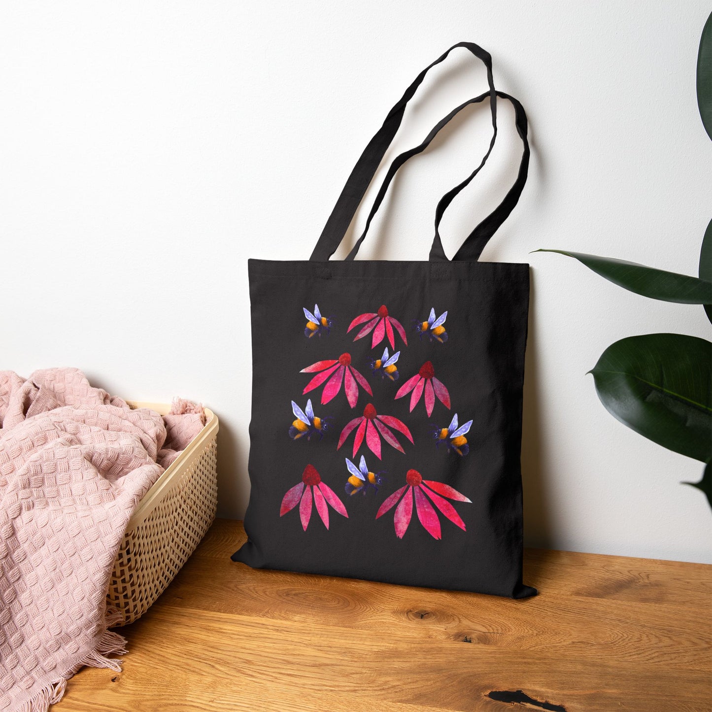 Bumblebees and Coneflowers Tote Bag | Floral Bee Canvas Shopper