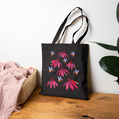 Bumblebees and Coneflowers Tote Bag | Floral Bee Canvas Shopper