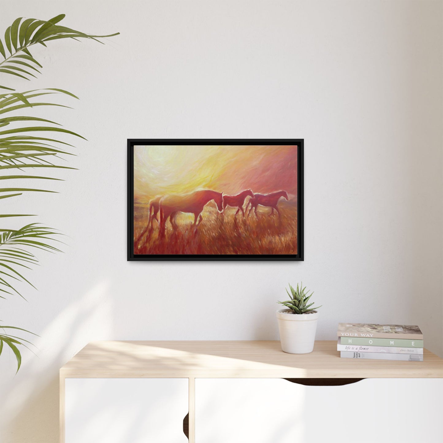 Sunset Meadow Horses Matte Canvas Framed Wall Art