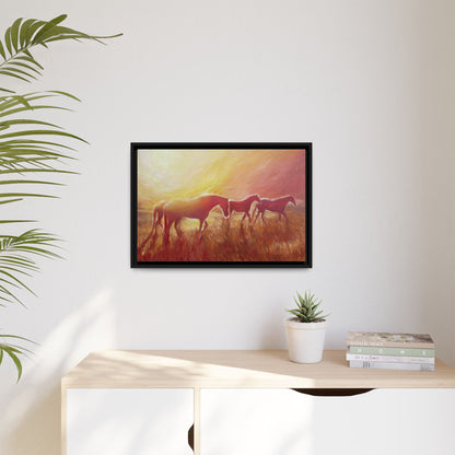 Sunset Meadow Horses Matte Canvas Framed Wall Art