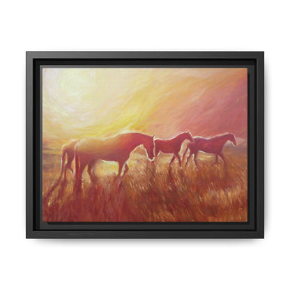 Sunset Meadow Horses Matte Canvas Framed Wall Art