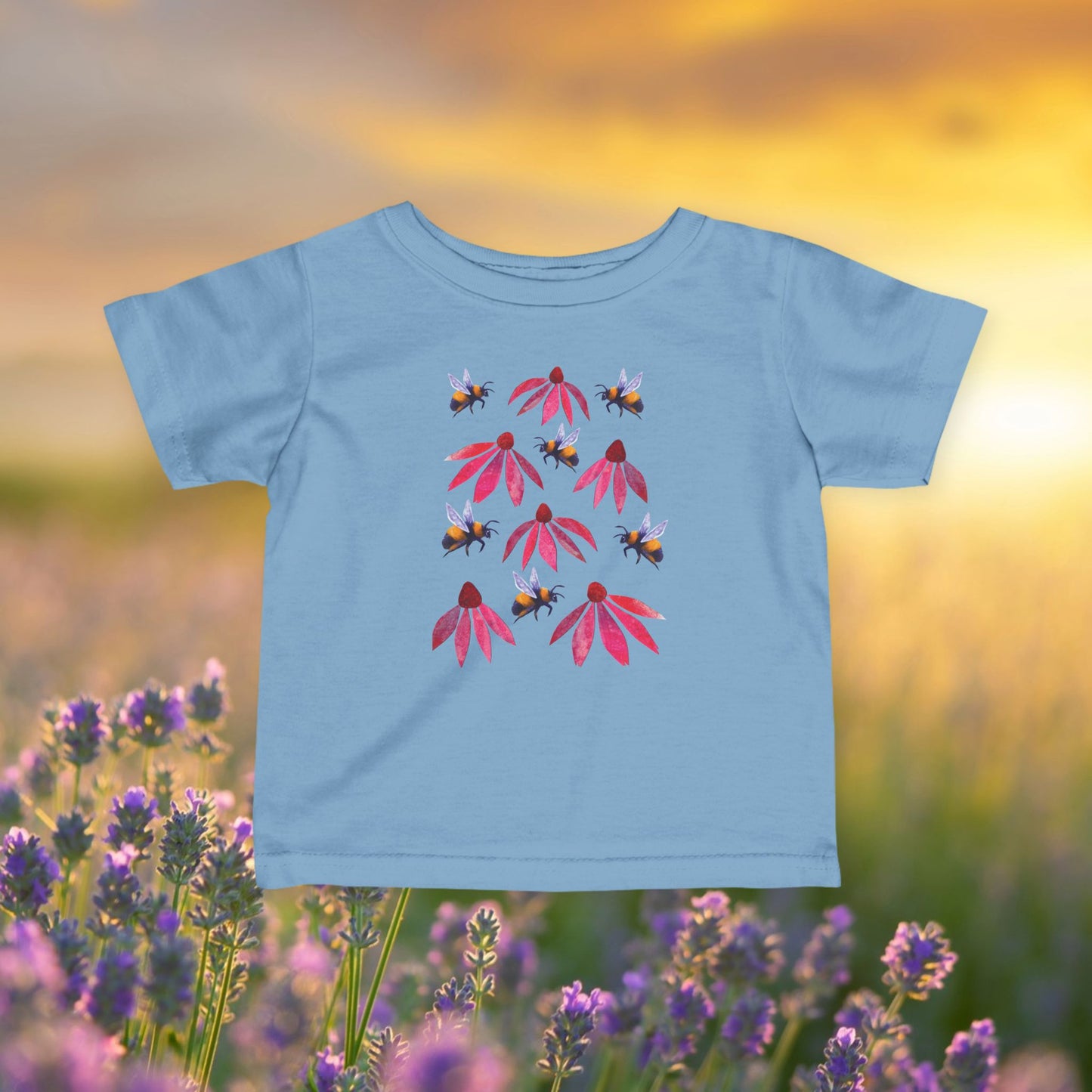 Infant Tee — Pink Coneflowers & Bumblebees Native Pollinator Baby Shirt