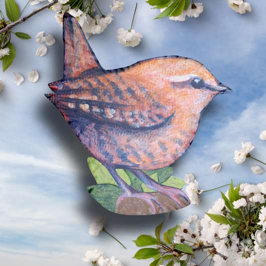 Wren Painting Shaped Pillow — Custom Zip-Up Plush Cushion