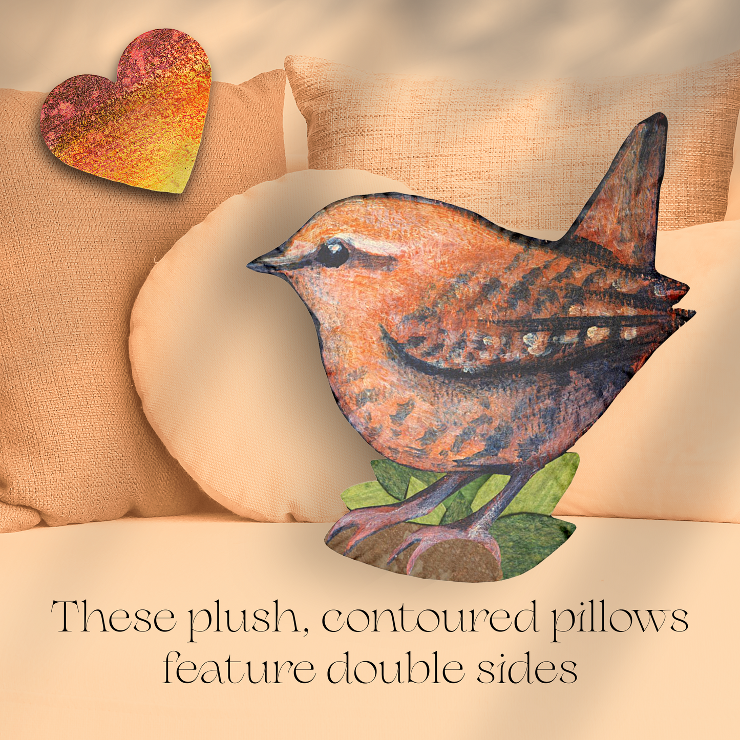 Wren Painting Shaped Pillow — Custom Zip-Up Plush Cushion