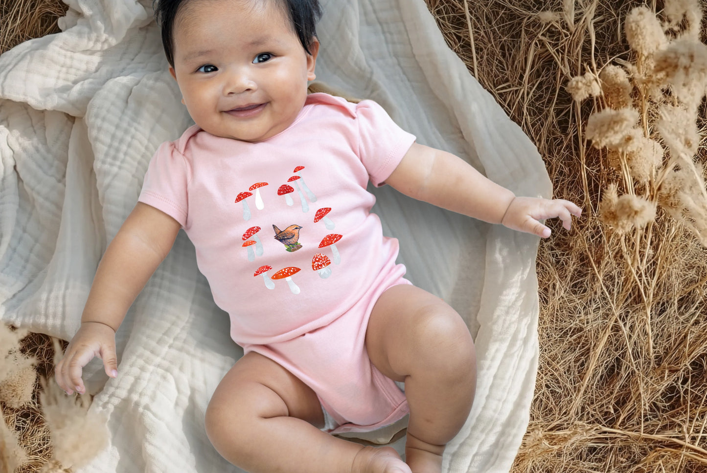 Wren and Mushrooms Baby Onesie