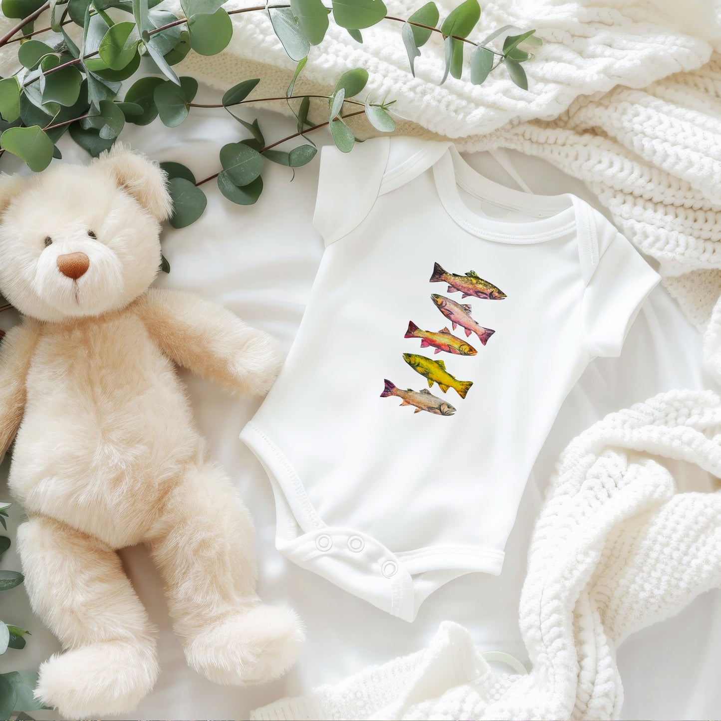 Colorful Trout Illustration on Infant Bodysuit | Personalized Fishing Themed Onesie