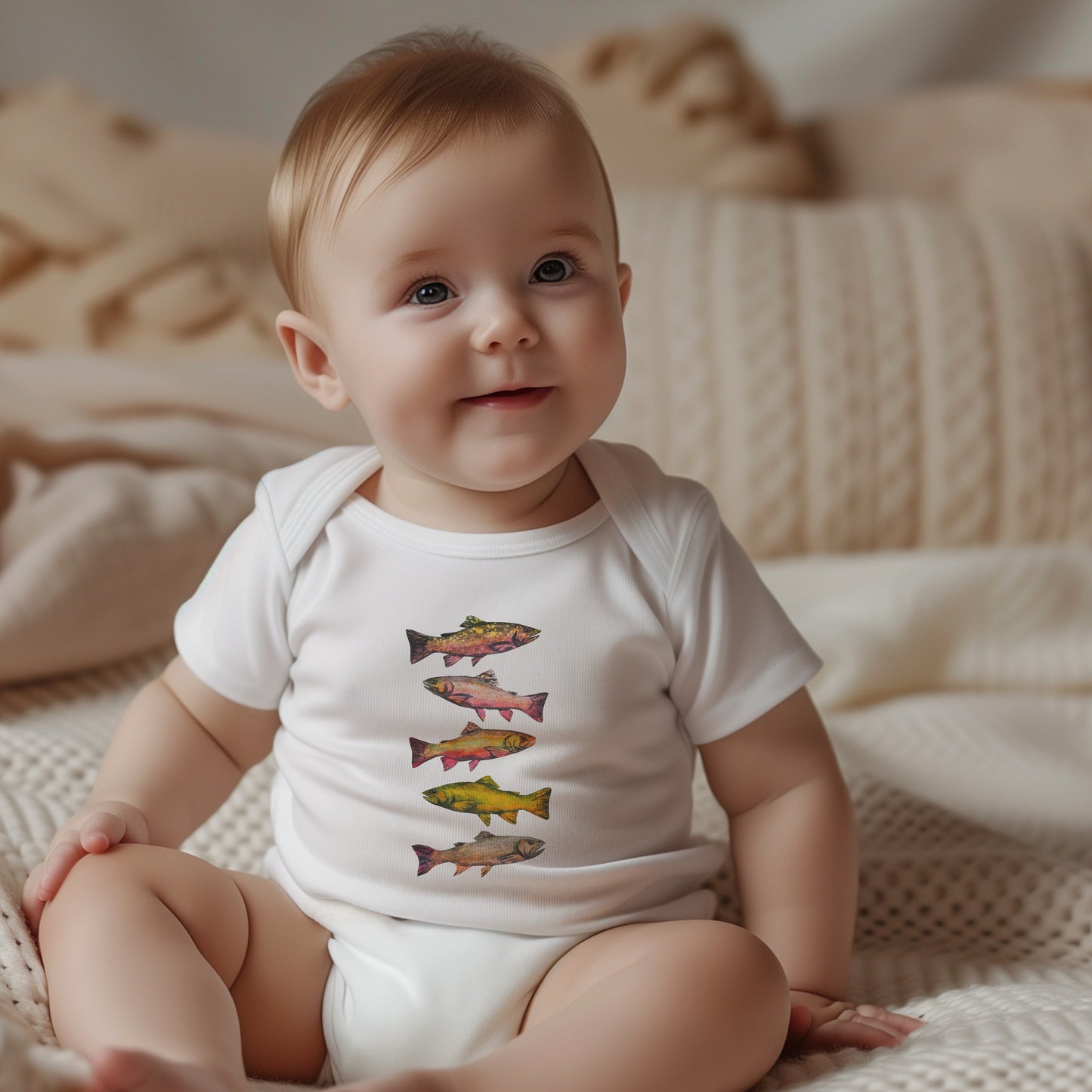 Colorful Trout Illustration on Infant Bodysuit | Personalized Fishing Themed Onesie