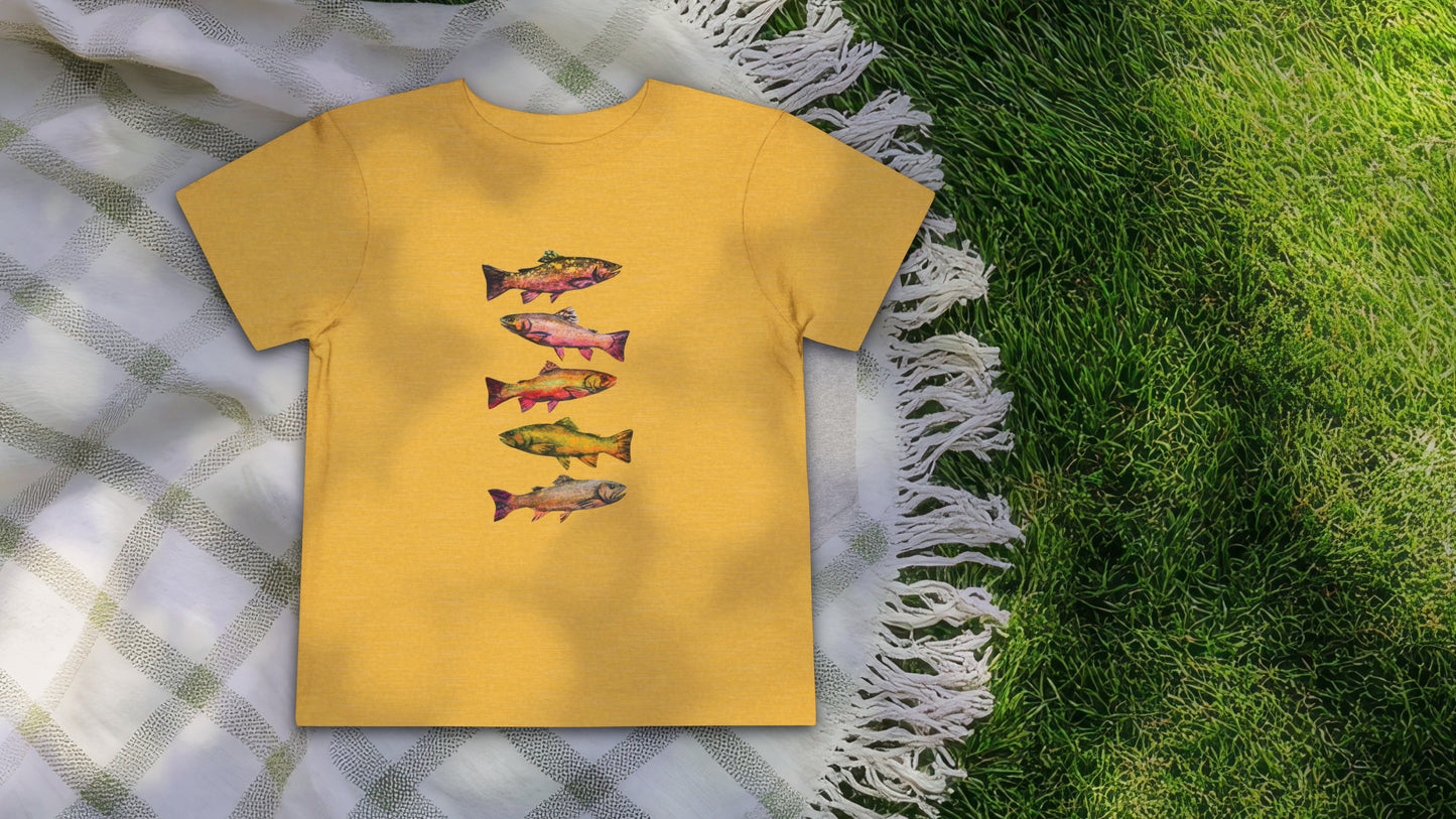Colorful Trout Toddler Short Sleeve Tee | Fishing Theme Cotton Shirt Personalized