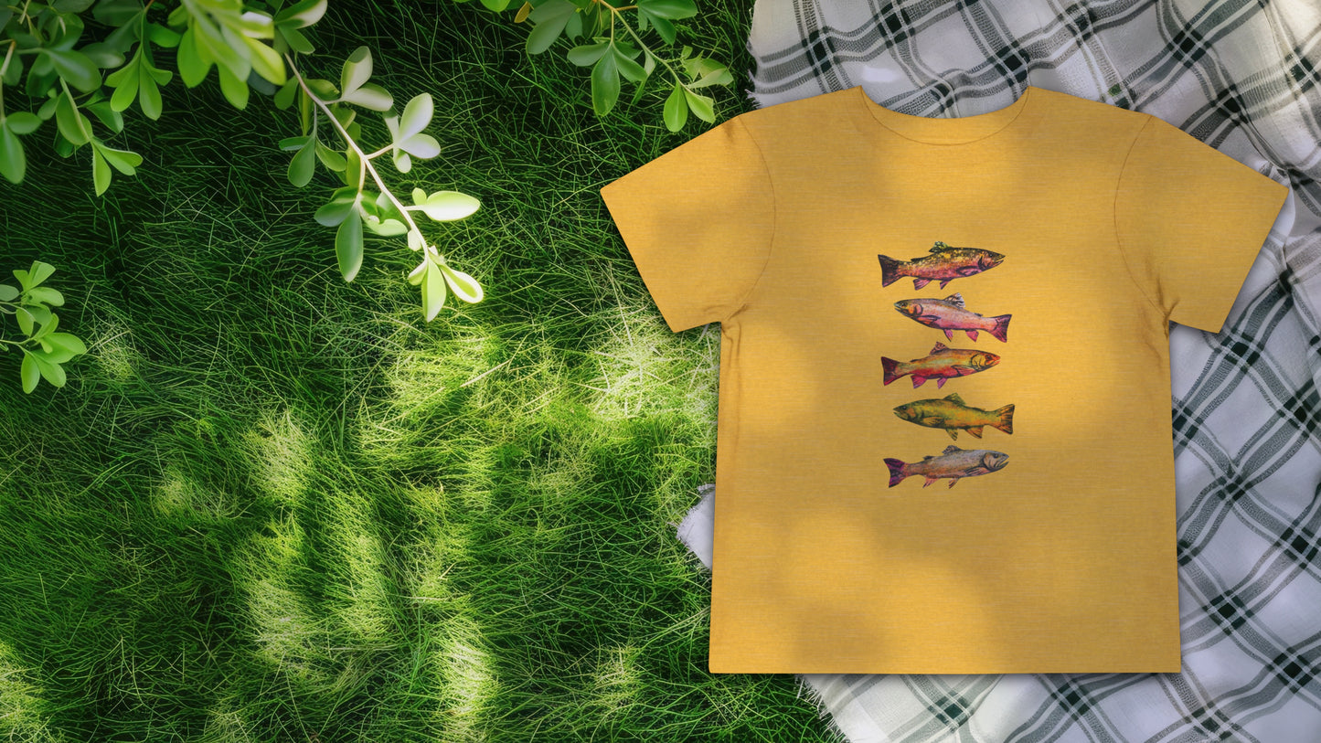 Colorful Trout Toddler Short Sleeve Tee | Fishing Theme Cotton Shirt Personalized