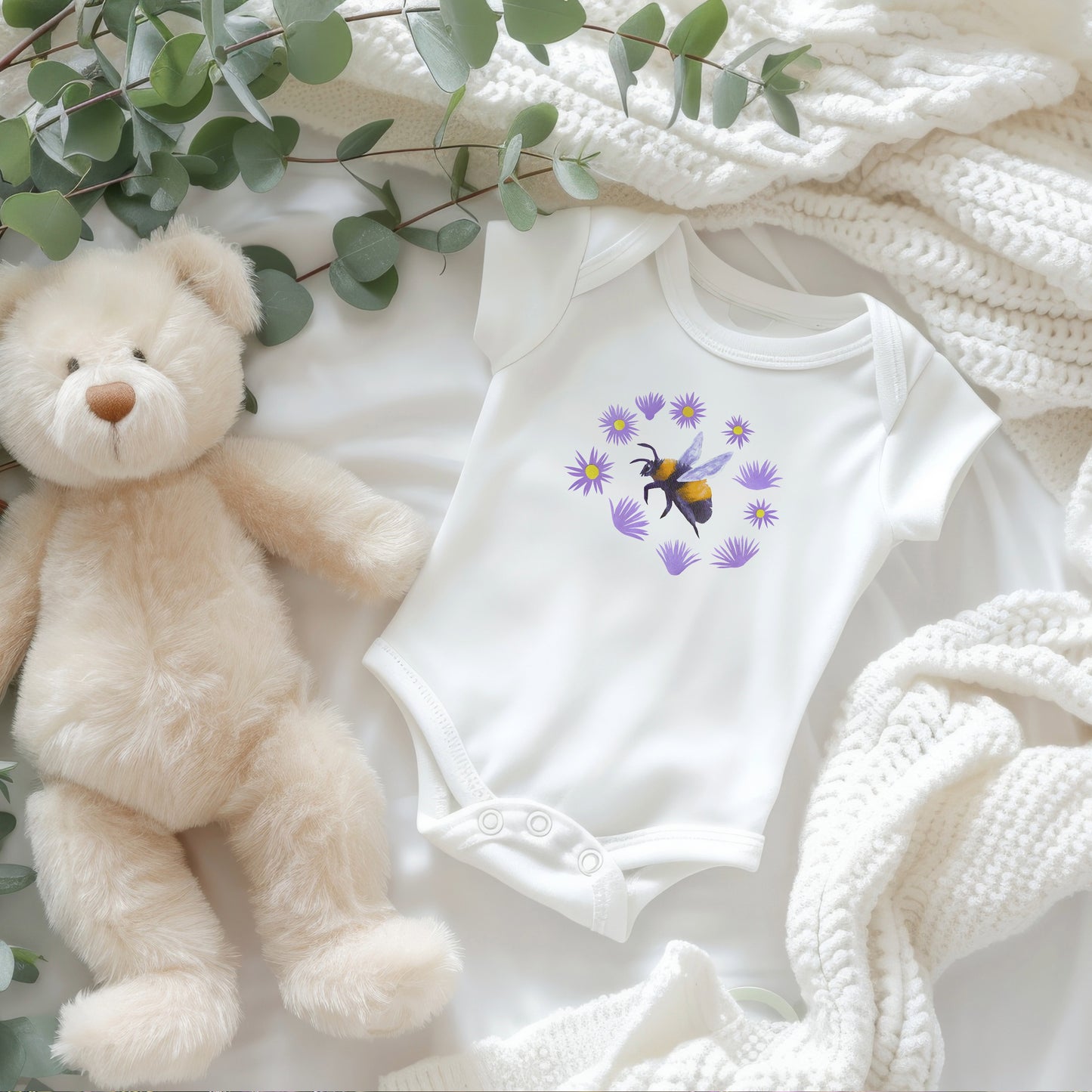 Bumblebee and Native Asters Infant Bodysuit | Baby Bee Floral Onesie