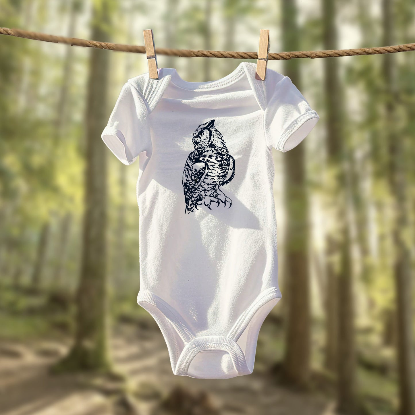 Hand Illustrated Owl Infant Bodysuit | Woodland Baby Onesie Great Horned Owl Design