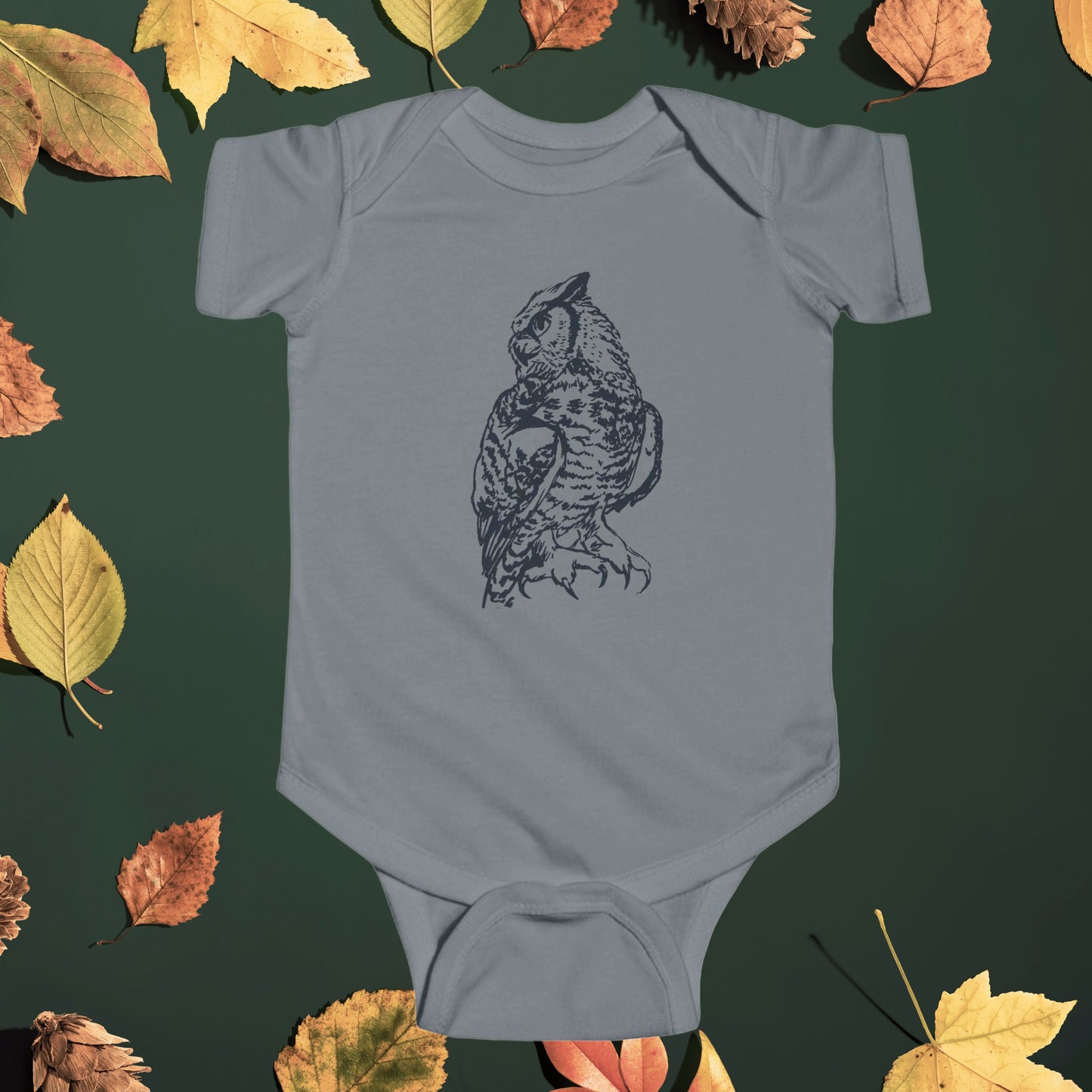 Hand Illustrated Owl Infant Bodysuit | Woodland Baby Onesie Great Horned Owl Design