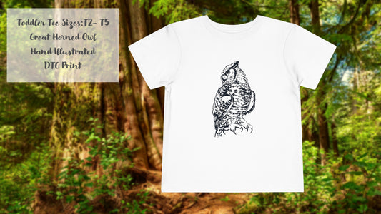 Hand-Drawn Owl Toddler Tee | Great Horned Owl Illustration