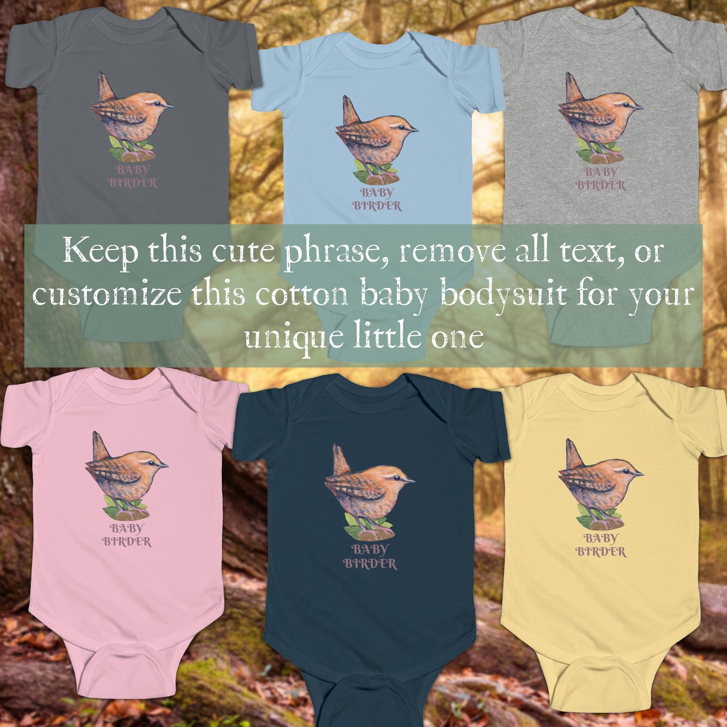 Hand Illustrated Wren Infant Bodysuit – Customize Text or keep 'Baby Birder'