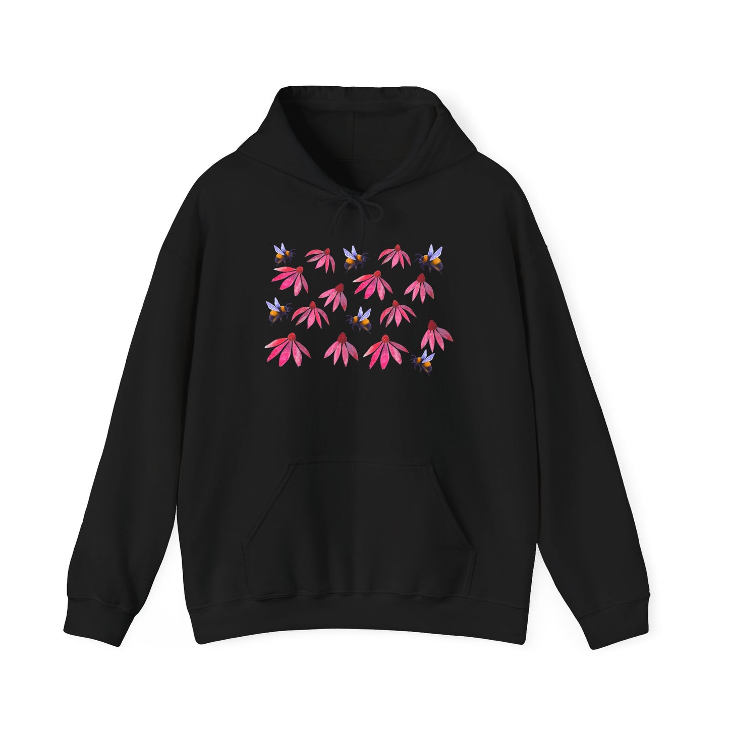 Pink Coneflower and Bees Hoodie | Floral Nature Pattern