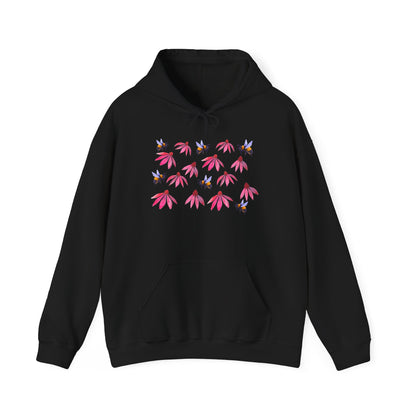 Pink Coneflower and Bees Hoodie | Floral Nature Pattern