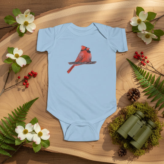 Light blue baby onesie with a red cardinal design on a white background