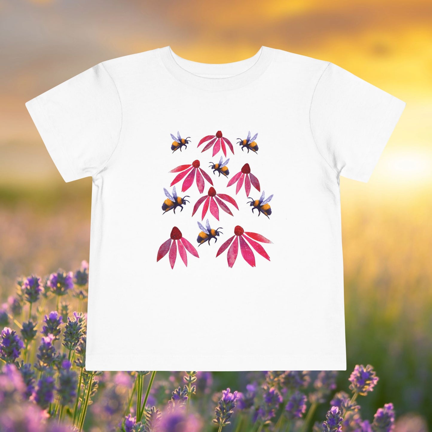 Toddler Tee — Bumblebees & Pink Coneflowers Hand Made Design