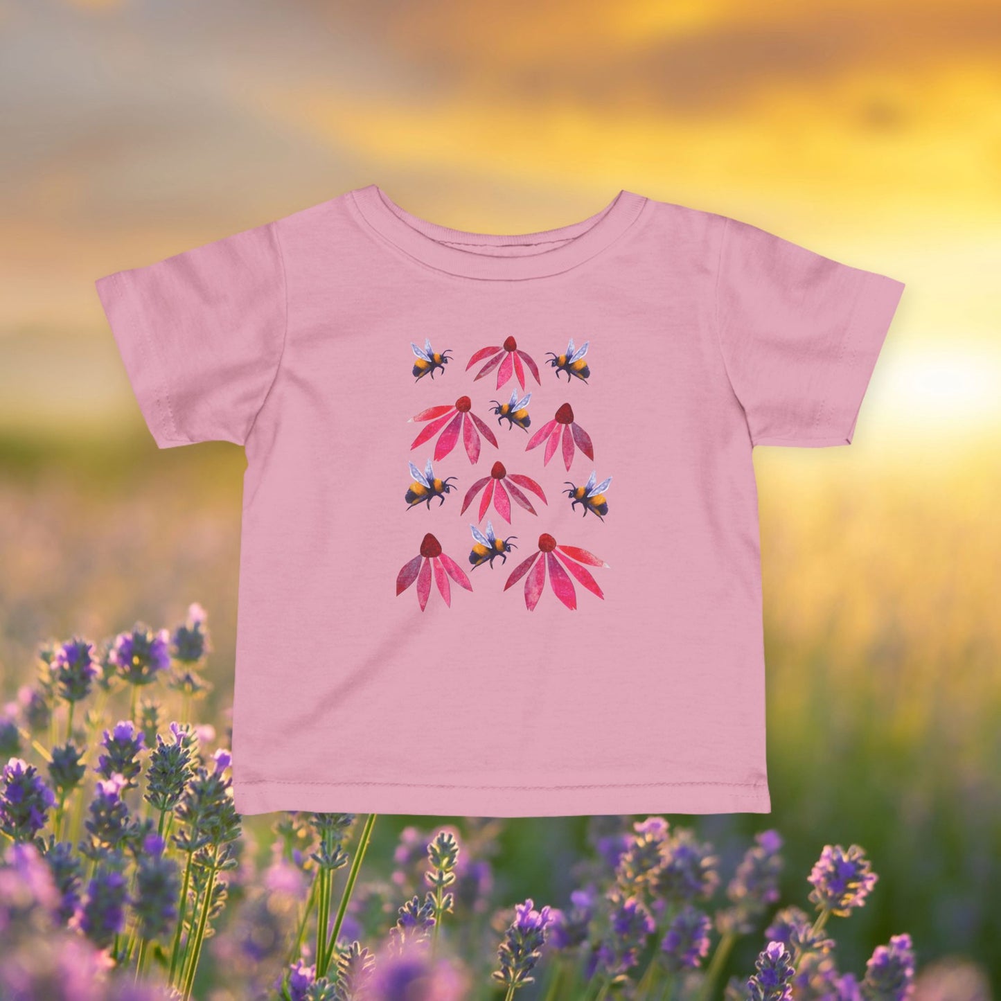 Infant Tee — Pink Coneflowers & Bumblebees Native Pollinator Baby Shirt