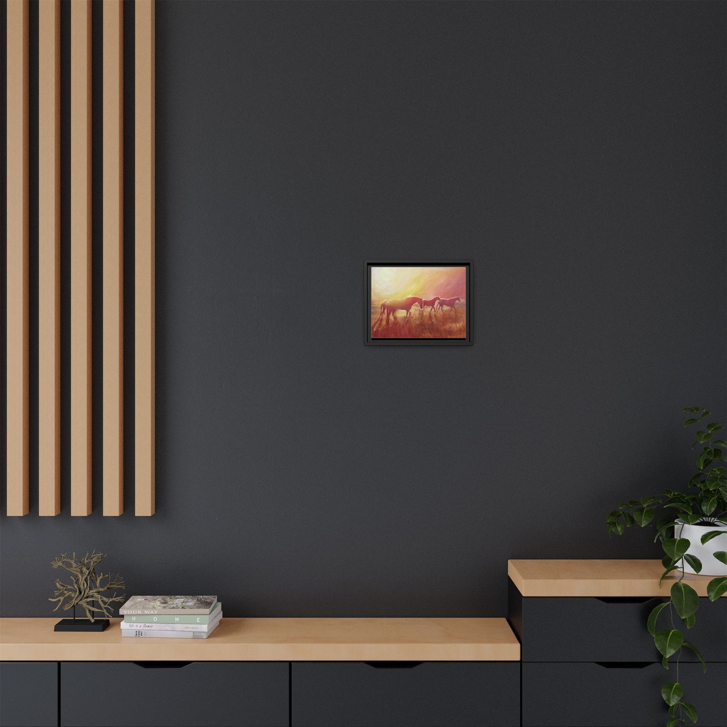 Sunset Meadow Horses Matte Canvas Framed Wall Art