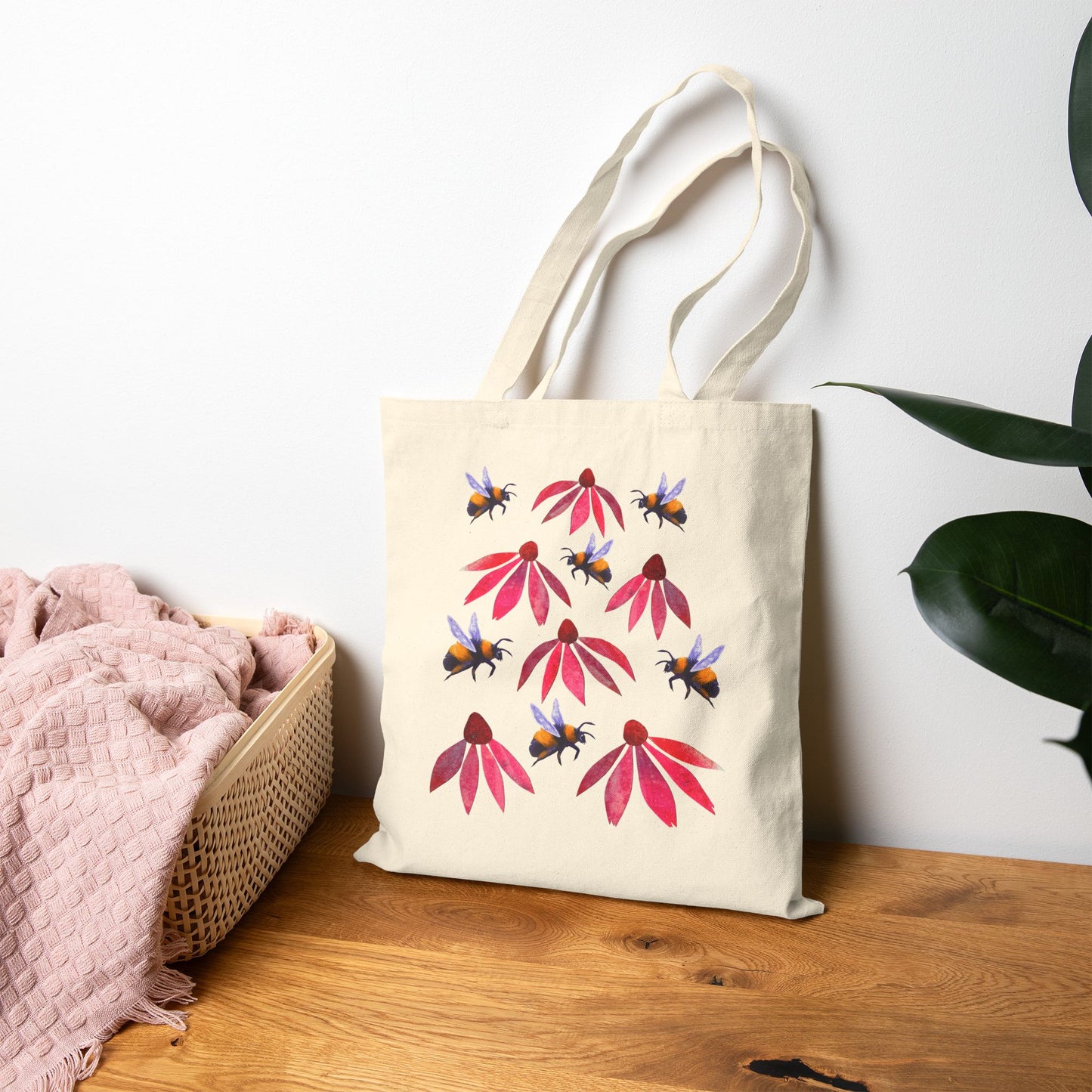 Bumblebees and Coneflowers Tote Bag | Floral Bee Canvas Shopper