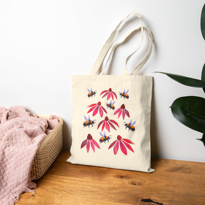 Bumblebees and Coneflowers Tote Bag | Floral Bee Canvas Shopper