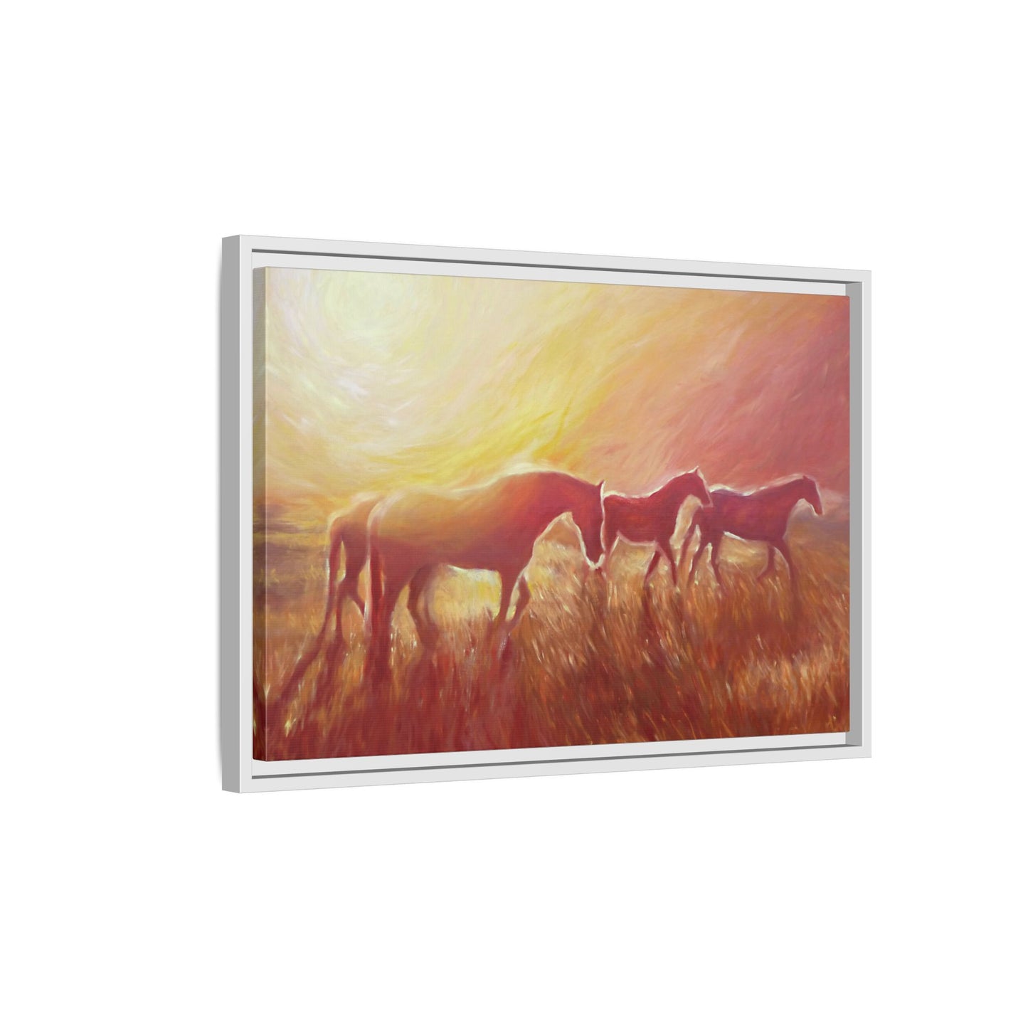 Sunset Meadow Horses Matte Canvas Framed Wall Art