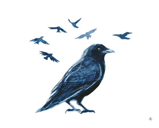 Crow and Family Painting- Museum Quality Giclee Print on Watercolor Paper with Framing and Mat Options - Bard Owl Arts