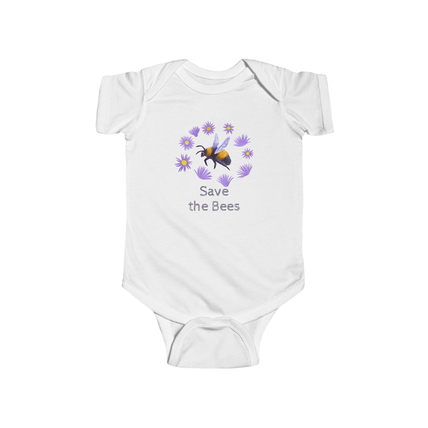 Bumblebee and Purple Flowers Infant Bodysuit | Customize Text: Baby Bee Floral Onesie