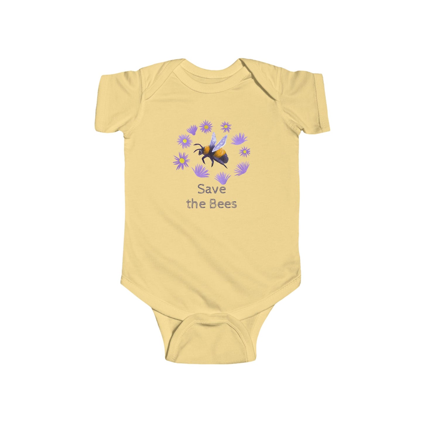 Bumblebee and Purple Flowers Infant Bodysuit | Customize Text: Baby Bee Floral Onesie