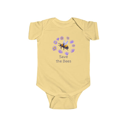 Bumblebee and Purple Flowers Infant Bodysuit | Customize Text: Baby Bee Floral Onesie