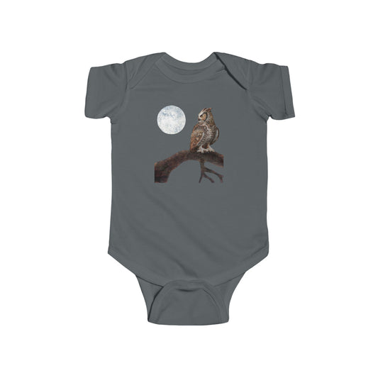 Night Owl Baby Bodysuit — Great Horned Owl Wildlife Art