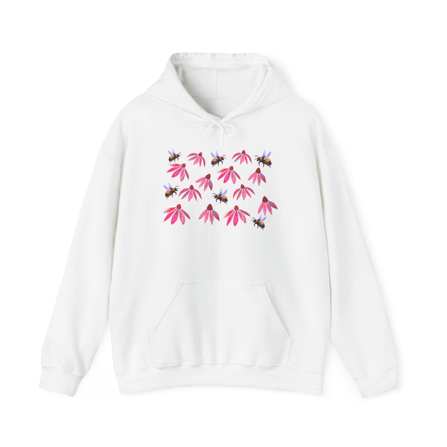 Pink Coneflower and Bees Hoodie | Floral Nature Pattern