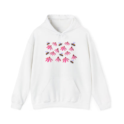Pink Coneflower and Bees Hoodie | Floral Nature Pattern