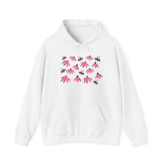 Pink Coneflower and Bees Hoodie | Floral Nature Pattern