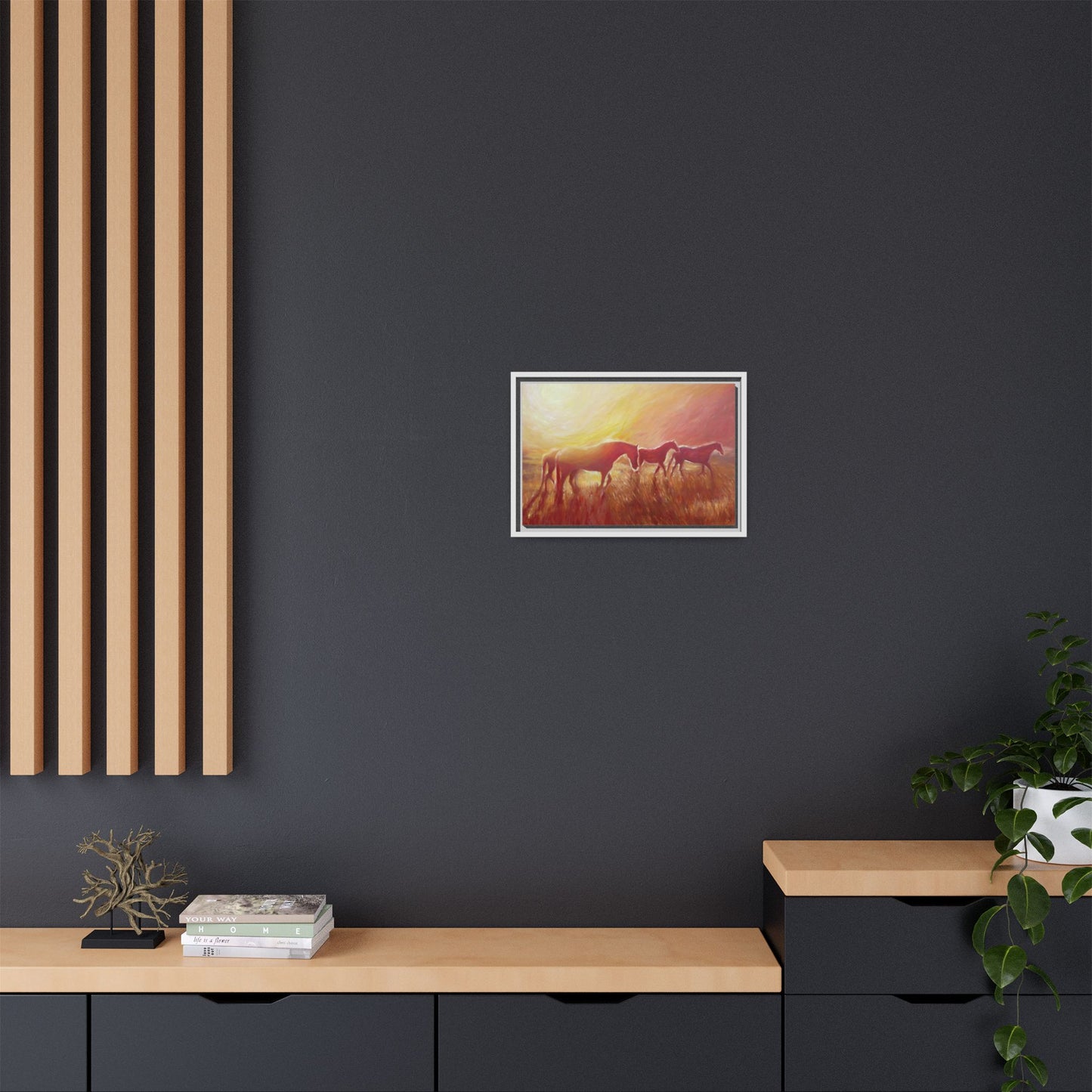 Sunset Meadow Horses Matte Canvas Framed Wall Art