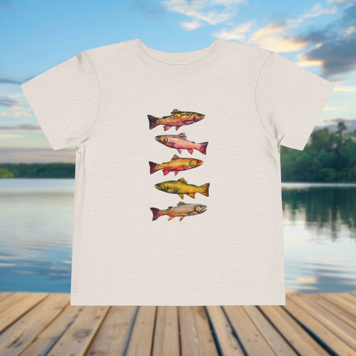 Colorful Trout Toddler Short Sleeve Tee | Fishing Theme Cotton Shirt Personalized