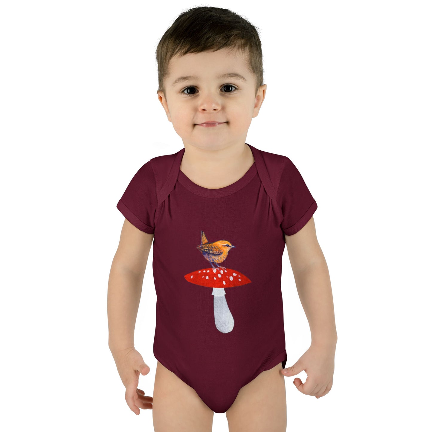 Bird on Red Toadstool Infant Bodysuit | Woodland Mushroom Baby
