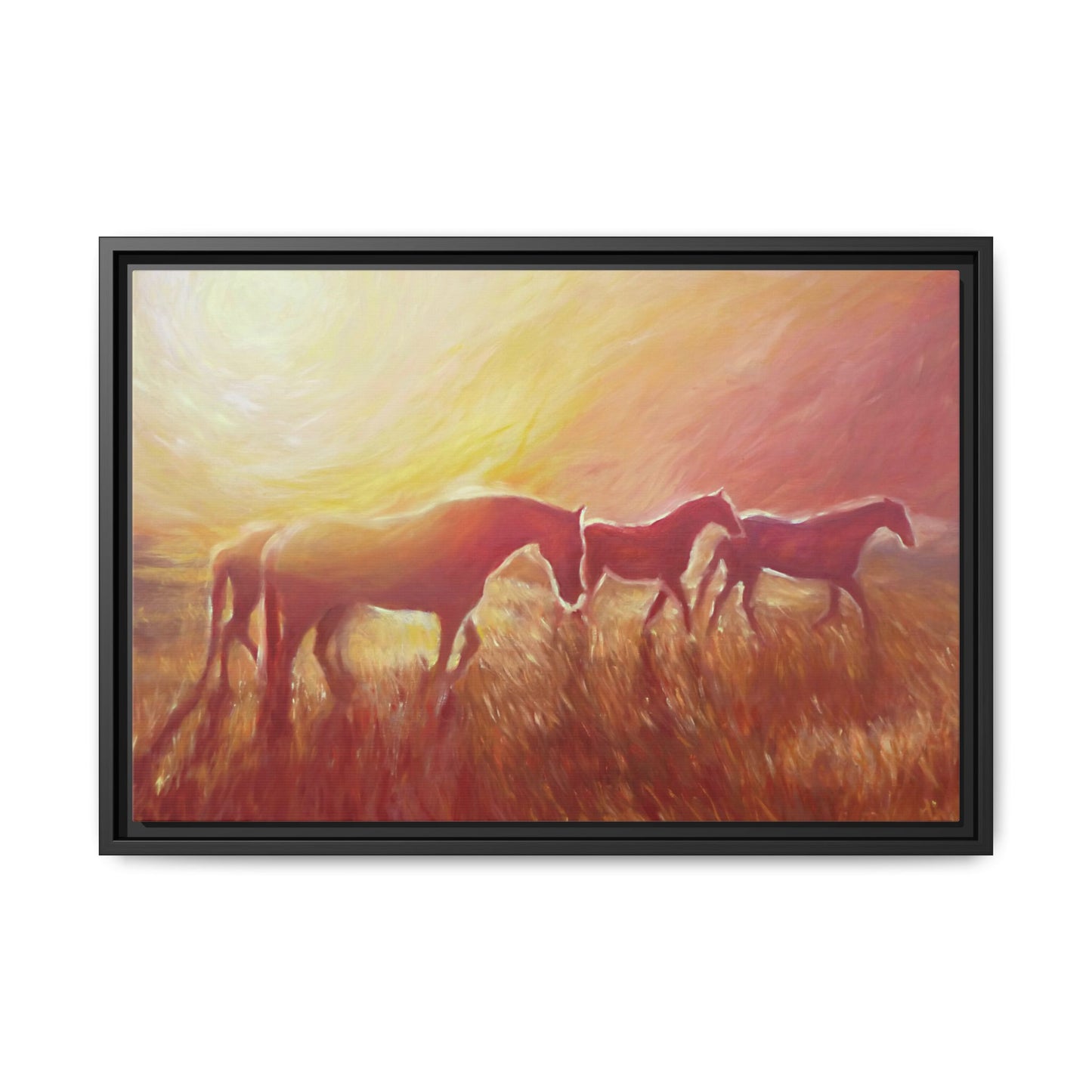 Sunset Meadow Horses Matte Canvas Framed Wall Art